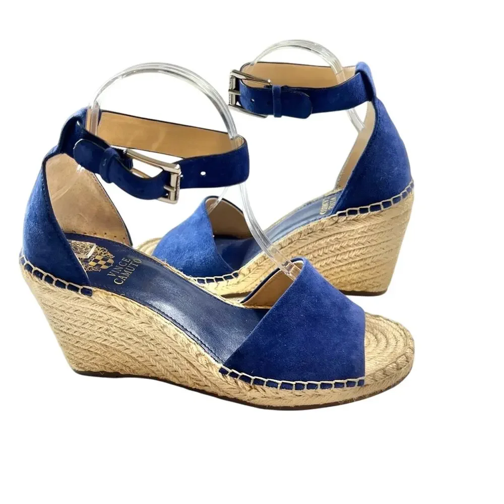 Vince Camuto Leera Wedge Sandals 8.5 Moody Blues Suede Jute Espadrille Boho